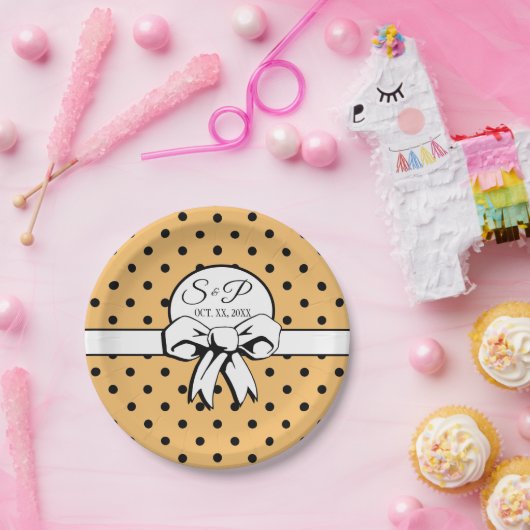 Buff Beige Black Polka Dot White Bow Personalisier Pappteller (Party)