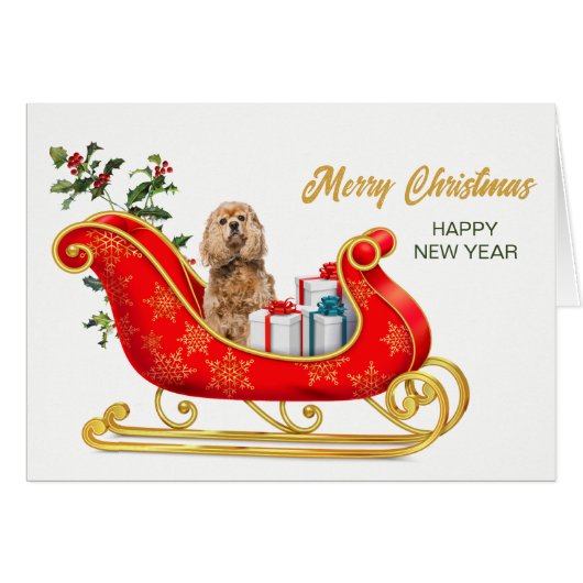 Buff Cocker Spaniel Dog Christmas Sleigh Card (Vorderseite (Horizontal))
