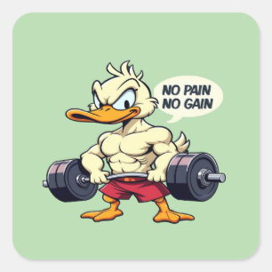 Buff Duck No Pain No Gain Gym Workout Cartoon Quadratischer Aufkleber