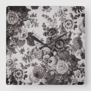 Buff Grau Taupe Vintage Blumen-Toile Nr.3 Quadratische Wanduhr