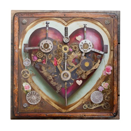 Buff Rot Herz Steampunk-Serie Fliese (Vorderseite)