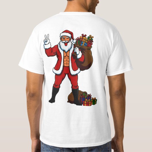 Buff Santa Peace Sign! Ripped Abs & Funny Christma T-Shirt (Rückseite)