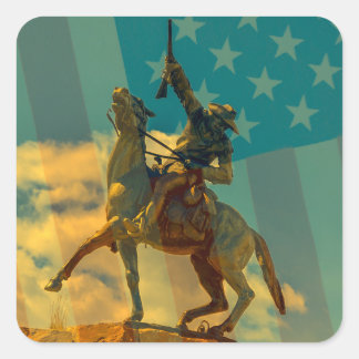 Buffalo Bill Cody Statue Cody, Wyoming & USA-Flagg Quadratischer Aufkleber