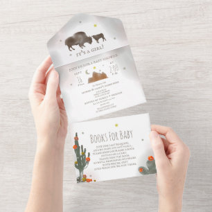 Buffalo Bison Cactus Book Request Girl Baby Shower All In One Einladung