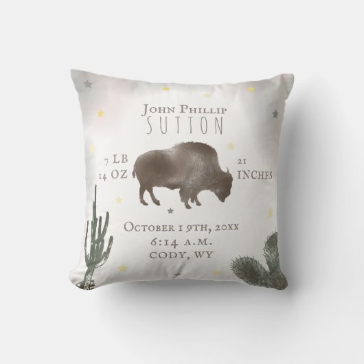 Buffalo Bison Desert Cactus Baby Birth Stats Kissen (Vorderseite)