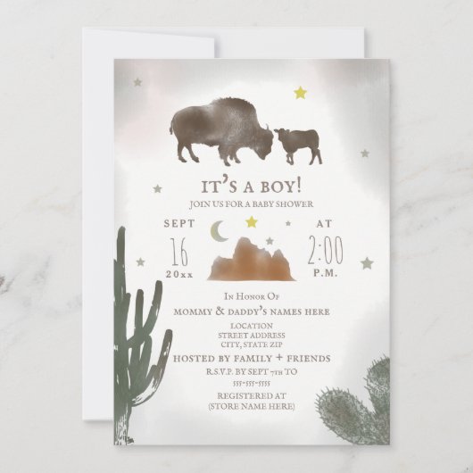 Buffalo Bison Desert Cactus Baby Shower Einladung (Vorderseite)