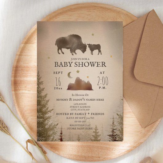 Buffalo Bison Desert Evergreen Baby Dusche Rustika Einladung