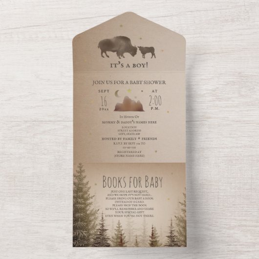 Buffalo Bison Evergreen Book Request Baby Dusche All In One Einladung (Innen Boden)