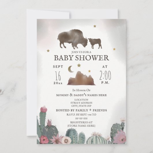 Buffalo Bison Floral Cactus Girl Baby Shower Einladung (Vorderseite)