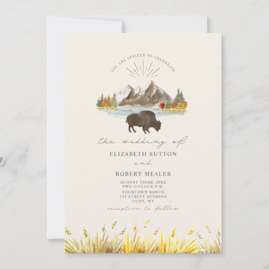Buffalo Bison Mountains Autumn Script Wedding Einladung (Vorderseite)