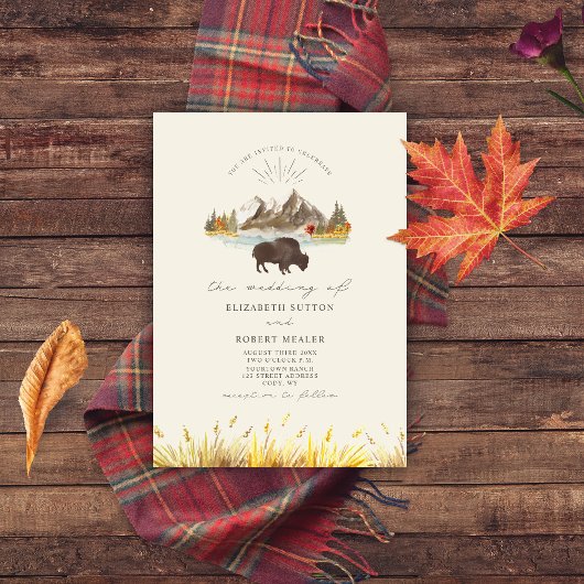 Buffalo Bison Mountains Autumn Script Wedding Einladung