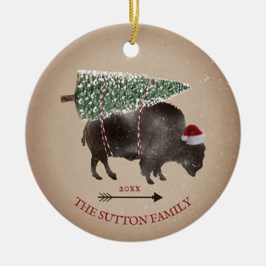 Buffalo Bison Santa Arrow Schnee Weihnachtsbaum Keramik Ornament (Vorne)