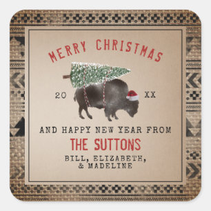 Buffalo Bison Santa Merry Christmas Tree Burlap Quadratischer Aufkleber