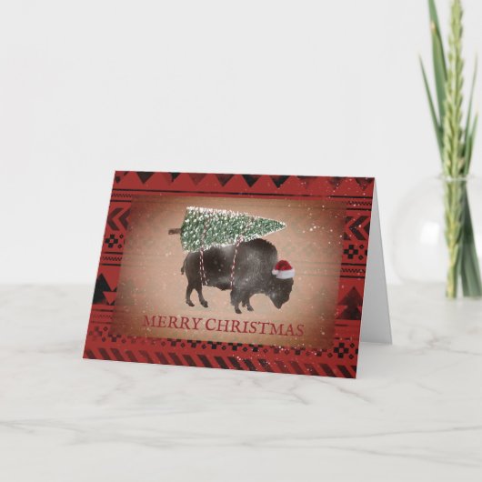 Buffalo Bison Santa Snow Frohe Weihnachtsgeometrie Feiertagskarte (Vorderseite)