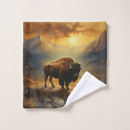 Buffalo Bison Sunset Silhouette Badhandtuch Set (Waschlappen)
