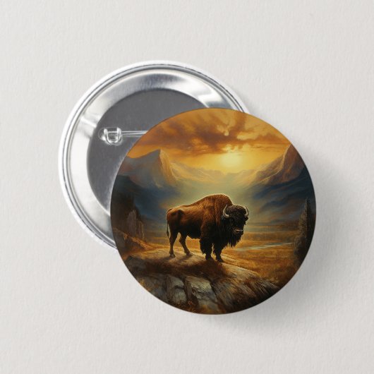 Buffalo Bison Sunset Silhouette Button (Vorne & Hinten)