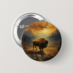 Buffalo Bison Sunset Silhouette Button