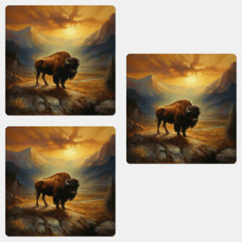 Buffalo Bison Sunset Silhouette Etiketten