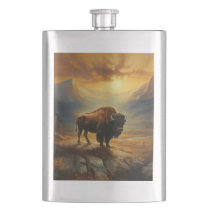 Buffalo Bison Sunset Silhouette Flachmann
