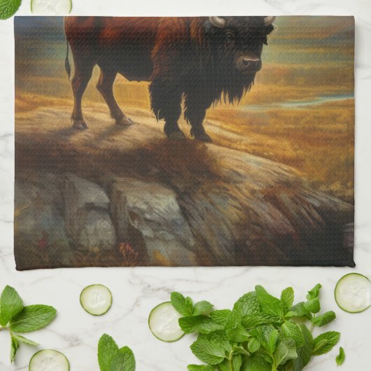 Buffalo Bison Sunset Silhouette Geschirrtuch (Gefaltet)