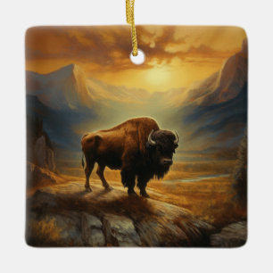 Buffalo Bison Sunset Silhouette Keramikornament