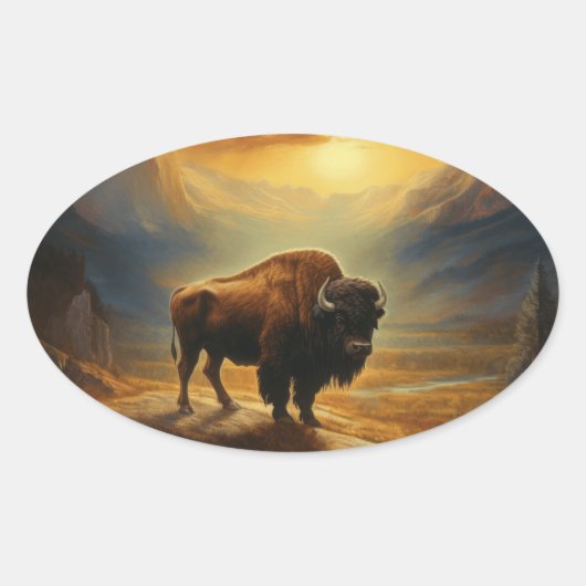 Buffalo Bison Sunset Silhouette Ovaler Aufkleber (Vorderseite)