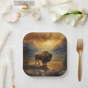 Buffalo Bison Sunset Silhouette Pappteller