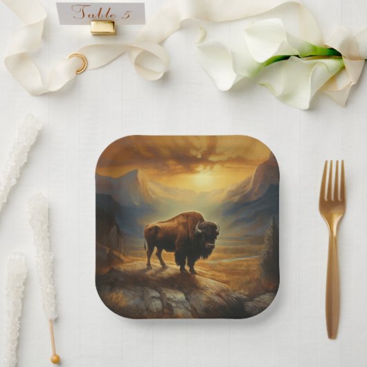 Buffalo Bison Sunset Silhouette Pappteller (Hochzeit)