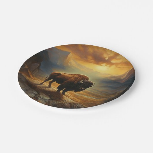 Buffalo Bison Sunset Silhouette Pappteller (Schrägansicht)