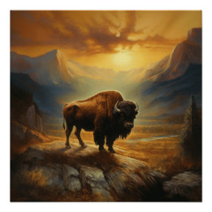 Buffalo Bison Sunset Silhouette Poster