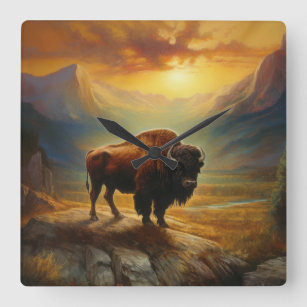 Buffalo Bison Sunset Silhouette Quadratische Wanduhr