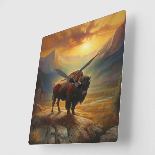 Buffalo Bison Sunset Silhouette Quadratische Wanduhr (Winkel)