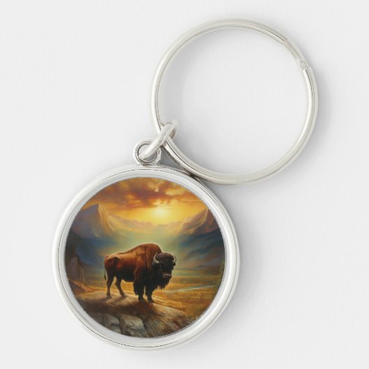Buffalo Bison Sunset Silhouette Schlüsselanhänger (Vorne)
