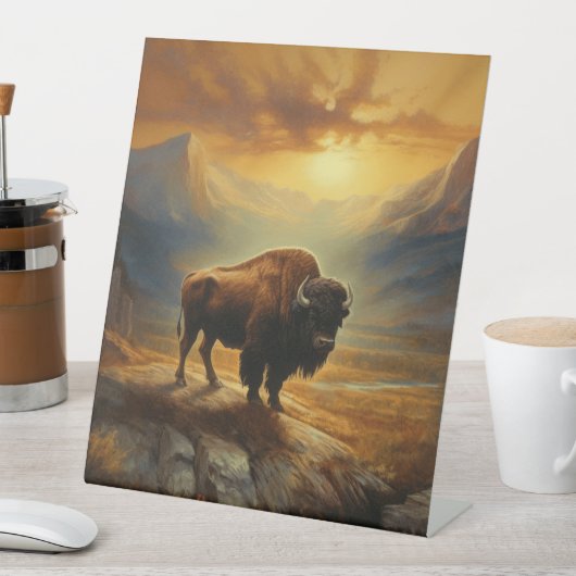 Buffalo Bison Sunset Silhouette Sockelschild (In Situ)