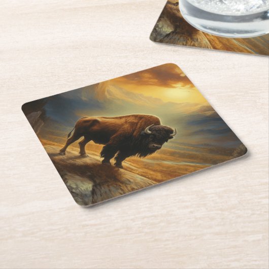 Buffalo Bison Sunset Silhouette Untersetzer (angewinkelt)