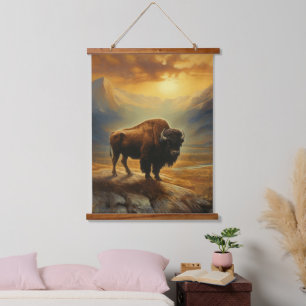Buffalo Bison Sunset Silhouette Wandteppich Mit Holzrahmen