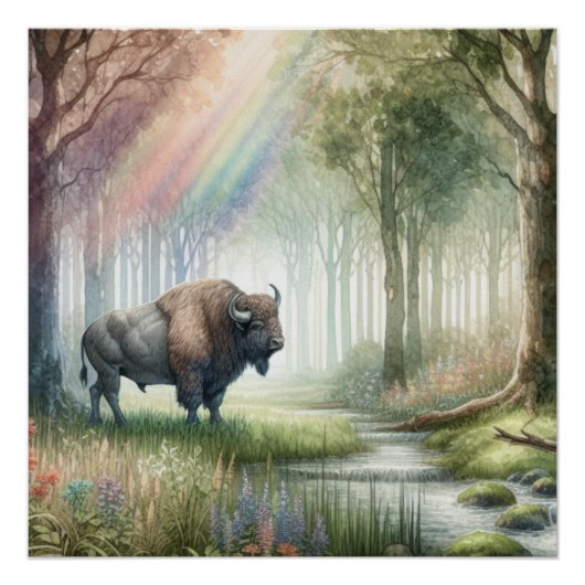 Buffalo Bison Whimsical Forest Landschaft Art Poster (Vorderseite)