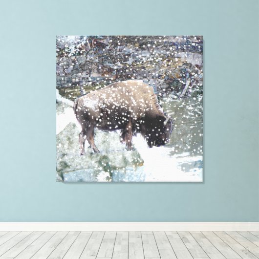 Buffalo im Schneesturm überwundene Leinwand Print (Insitu (Holzboden))