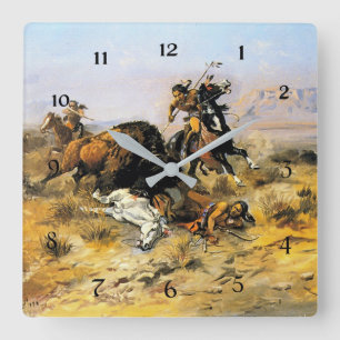 „Buffalo-Jagd“ Cowboy-Kunst von Charles Russell Quadratische Wanduhr