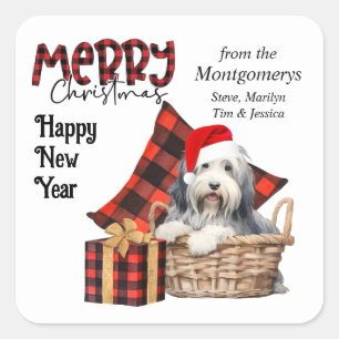 Buffalo Kariert Bearded Collie Welpe Holiday Quadratischer Aufkleber