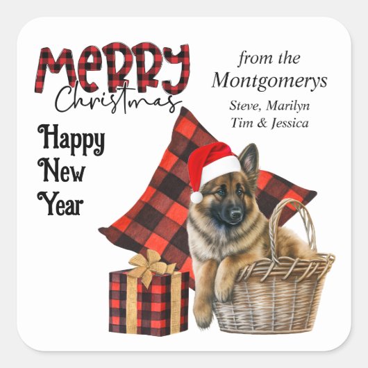 Buffalo Kariert belgischen Tervuren Welpen Weihnac Quadratischer Aufkleber (Vorderseite)