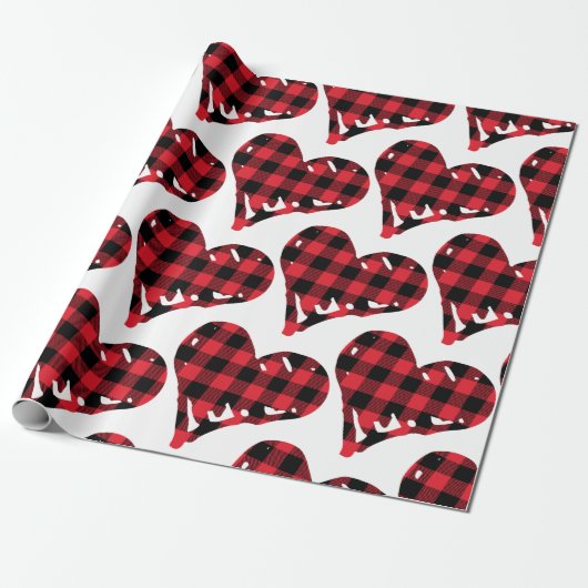 Buffalo Kariert Black Red Hand Drawn Hearts Geschenkpapier (Ungerollt)