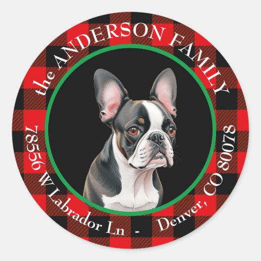 Buffalo Kariert Boston Terrier Dog Rücksendeadress Runder Aufkleber (Vorderseite)