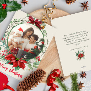Buffalo Kariert Bow Wreath Poinsettias Holly Berri Feiertagskarte