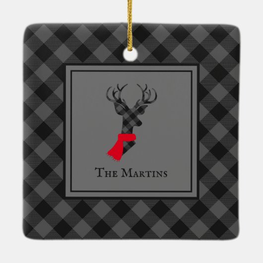 Buffalo Kariert Deer Grau Personalisierte Weihnach Keramikornament (Rückseite)