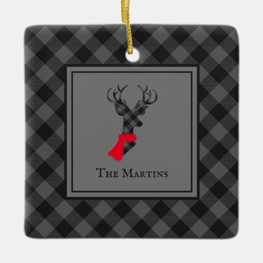 Buffalo Kariert Deer Grau Personalisierte Weihnach Keramikornament (Vorderseite)