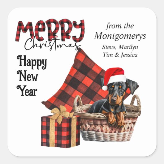 Buffalo Kariert Doberman Pinscher Puppy Holiday Quadratischer Aufkleber (Vorderseite)