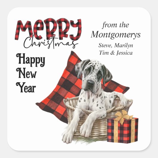 Buffalo Kariert Great Dane Puppy Weihnachten Quadratischer Aufkleber (Vorderseite)