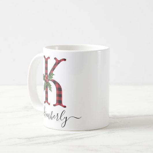 Buffalo Kariert K Monogram Weihnachtskaffee Tasse (Vorderseite Links)