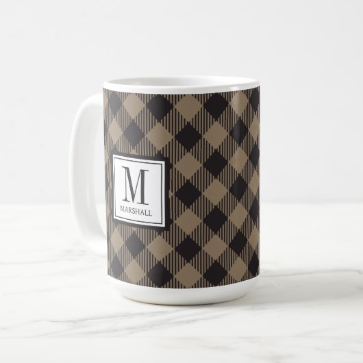 Buffalo Kariert Khaki Monogram Name Kaffeetasse (Vorderseite Links)